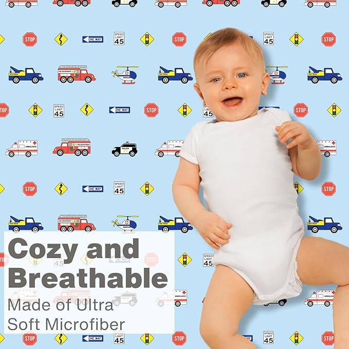 Baby Boy Fitted Crib Sheet Police, Fire and Rescue, 100% Soft Breathable Microfiber Baby Sheet, Fits Standard Size Crib Mattress 28in x 52in, Nursery Sheet