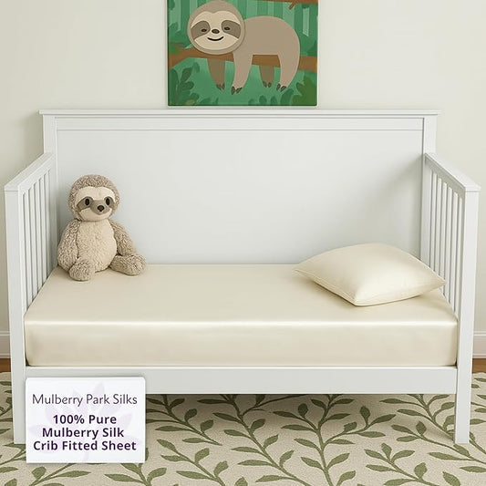 Mulberry Park Fitted Silk Crib Sheet - Grade 6A Pure 19 Momme Toddler Bedding - Gentle on Baby's Delicate Skin, Helps with Bald Spot, Eczema, Dry Skin & Cradle Cap - 28" x 52" / Natural White