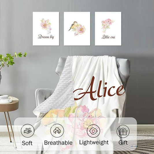 Personalized Crib Bedding Set, Custom Name Baby Bedding 5-Pcs Set - Blanket Fitted Sheet Changing Pad Cover Nursery Rug Wall Art, Pink Floral Bird Nursery Decor for Newborn Girls