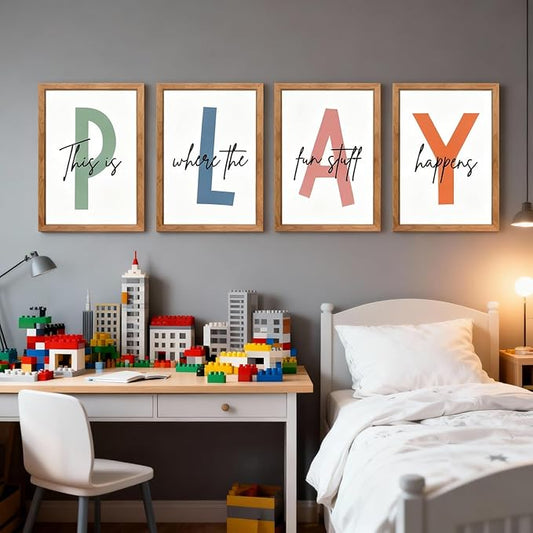 Cute Alphabet Play Framed Wall Art Set of 4, Natural Educational Alphabet Wooden Sign for Baby Girl Kid Boy Toddlers, Neutral Boho Preschool English Letters Nursery Decor for Homeschool Playroom