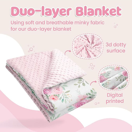 Floral Minky Baby Blanket 30 x 40 Inches for Girls, Soft Plush Receiving Blanket with Dotted Back, Gift for Newborn Infant Toddlers, Baby Shower, Christmas Birthday