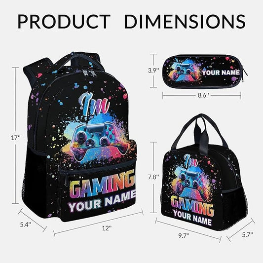 COZYAURA Customized Backpack - Video Gamer Bookbag with Lunch Box for School - Lightweight Black Gaming Backpacks for Boys