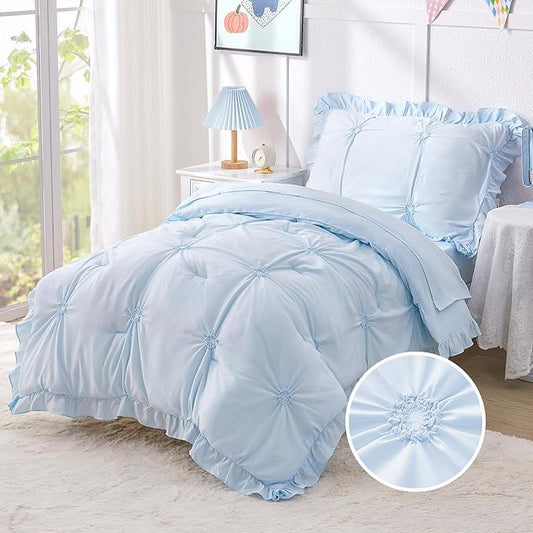 Wowelife Boho Tufted Toddler Bedding Set for Girls, 4 Pcs Ruffle Floral Crib Bed Sheets Set, Jacquard Embroidery Toddler Comforter Set Includes Comforter, Fitted Sheet, Top Sheet and Pillowcase, Blue
