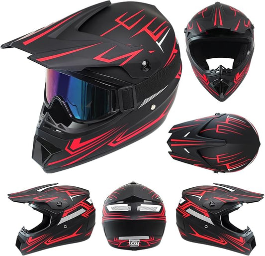 Youth Dirt Bike Helmet,Kids Motocross Full Face Helmets,Mountain Bike BMX MX ATV Girls Motorcycle Helmet for Kids 8-14 with(Goggles,Gloves,Mask) 4-Pcs Set,DOT Approved(Red,M)