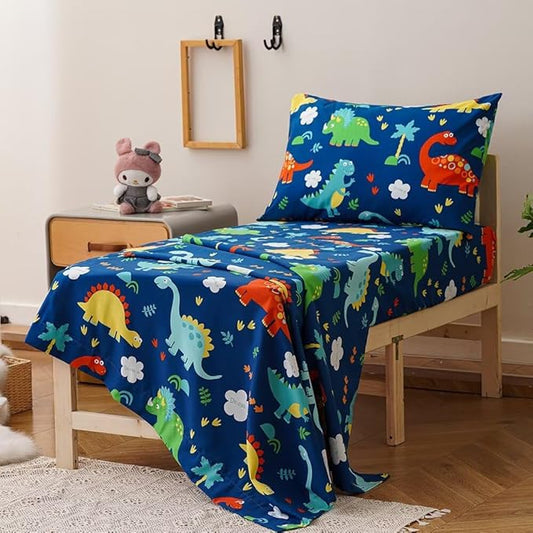CLOTHKNOW Dinosaur Toddler Bedding Sets for Boys, 4 Pieces Bedding Sets Cartoon Cute Animal Pattern, Soft Crib Bed Set Including Comforter, Flat Sheet, Fitted Sheet and Pillowcase, Blue