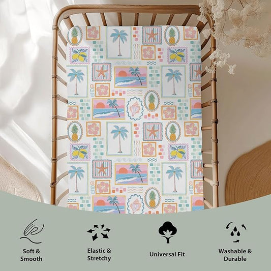 Colorful Beach Patchwork Baby Crib Sheets for Girl 52x28 Bright Summer Seashells Girly Soft Snug Fitted Crib Mattress Cover Pineapple Lemon Palm Starfish Baby Sheet for Crib & Toddler Bed Mattresses
