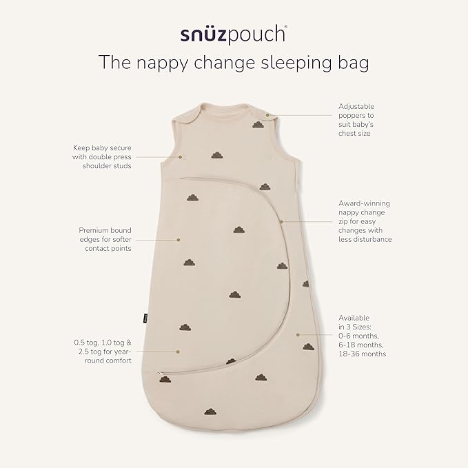 Snuz Baby Sleep Sack with Diaper Zip - Baby Sleeping Bag for Easy Diaper Changes, Super Soft Cotton Sleep Sacks in Summer or Winter Tog with Perfect Fit Poppers, Sand/Cloud, 2.5 Tog 18-36M