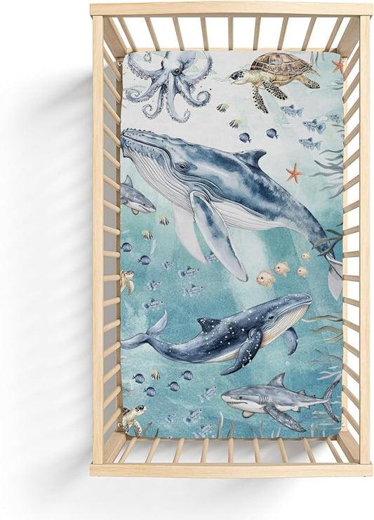 Under The Sea Baby Crib Sheets Boy Girl 52"x28" Boho Whale Shark Turtle Fishes Coral Seaweed Soft Snug Fitted Crib Mattress Cover Ocean Marine Coastal Baby Sheet for Standard Crib & Toddler Mattress