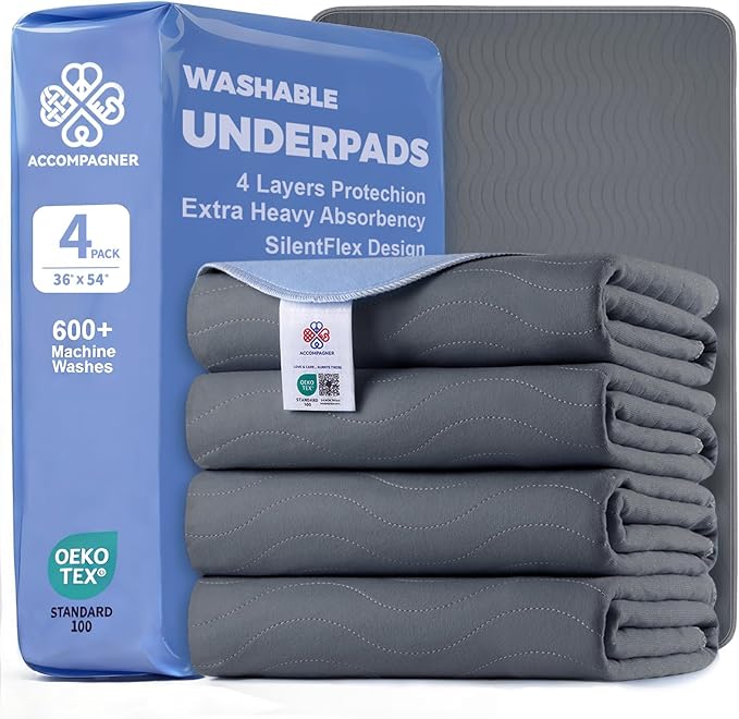 Accompagner Waterproof Reusable for Adults and Pets Washable Pee Pads for Dogs Changing Pad Large Dog Bed Size Adults Incontinence Bed Pads - Non-Slip Leak-Proof (Dark Gray, 4Pack-36" x54")