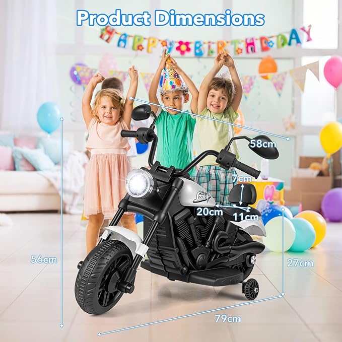 HONEY JOY Toddler Motorcycle, 6V Battery Powered Electric Motorcycle for Kids, Detachable Training Wheels, Music, Foot Pedal, Headlights, Forward/Backward, 3-Wheel Ride On Toy for Boys Girls (White)