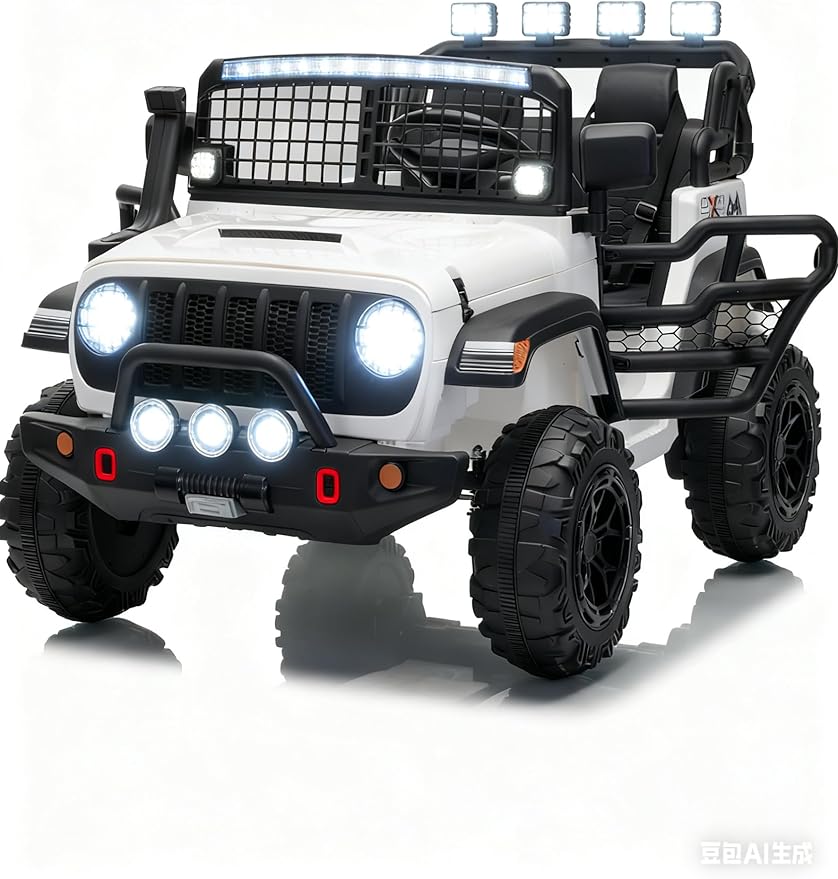 2 Seats 24V Kids Electric Ride on Car with Remote Control, 20" Large Seat with 2 Safety Belts, Two 200W Battery Powered Electric Vehicle for 3+ Years, LED Light,Music,Horn,USB Port, Riding Toy,White