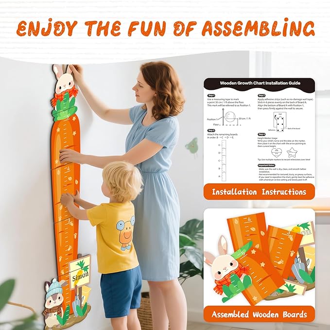Woodemon Personalized Child Growth Charts,Rabbits and Carrots Wooden Kids Height Wall Chart, Height Measurement for Wall Kids Room Nursery Decor