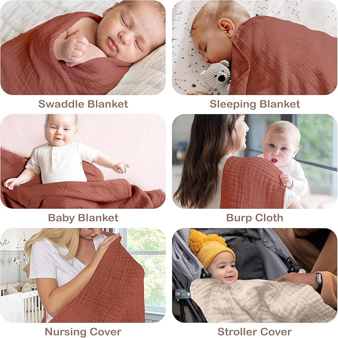 Organic Cotton Muslin Baby Blanket - 47x47 Inch Breathable Swaddle, Hypoallergenic Double-Layer, Versatile Use (Rust/Ivory, 47x47 Inch)