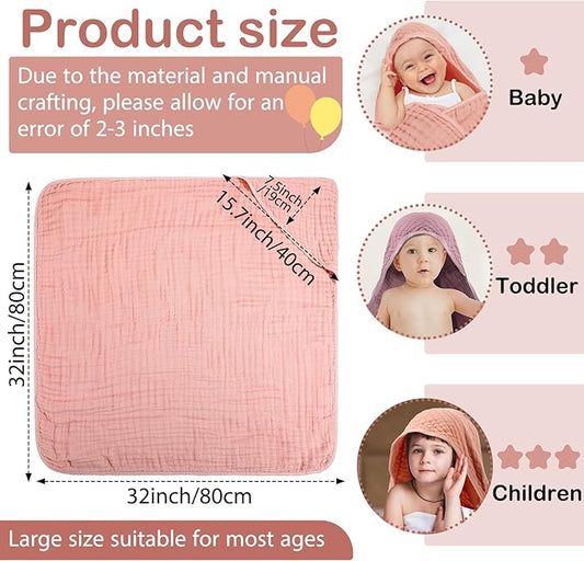 VitalCozy 6 Pcs Baby Muslin Hooded Bath Towels and Washcloths Muslin Cotton Hooded Baby Towels Absorbent Blankets for Gift Newborn Infant Shower (32 x 32 Inch,Pink,Rose)