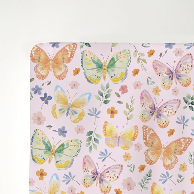 Watercolor Butterflies Spring Floral Baby Crib Sheets Boy Girl 52"x28" Pastel Flowers Leaves Soft Stretchy Fitted Crib Mattress Cover Easter Garden Baby Sheet for Standard Crib and Toddler Mattress