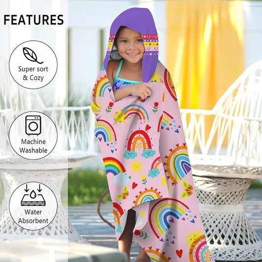 Thickened Hooded Towels for Kids Suitable Girls Boys Kids Bath Towels, 30"x50" Super Absorbent, Rainbow Cute Cartoon Toddler Towels Multi-Purpose for Beach, Pool and Bathroom