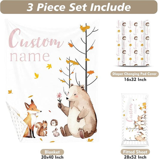 Custom Name Crib Bedding Set 3-Piece – Fox Sika Deer Design Baby Bedding Set with Personalized Soft Blanket, Fitted Sheet, Changing Pad Cover – Ideal Newborn Gift for Boys and Girls