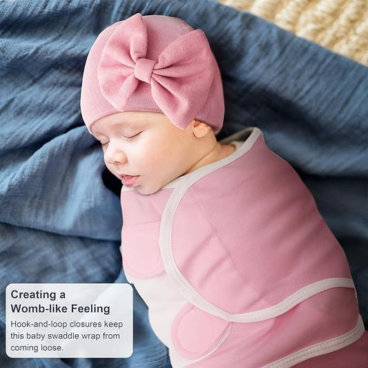 DRESHOW BQUBO 3 Pack Baby Swaddle Sleep Sacks Baby Swaddling Blanket Wrap Newborn Swaddle Sack with Big Bow Hat for Boys Girls 6-12 Lbs Newborns & 0-3 Months Girls Boys