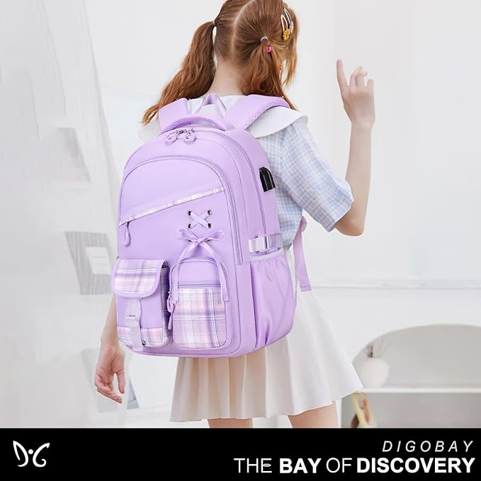 DIGOBAY Backpack for Girls - 3PCS Girls Backpack with Lunch Box & Pencil Pouch Plaid School Backpacks for Elementary Middle High College School Bookbag for Teen Girl Kids Students Purple