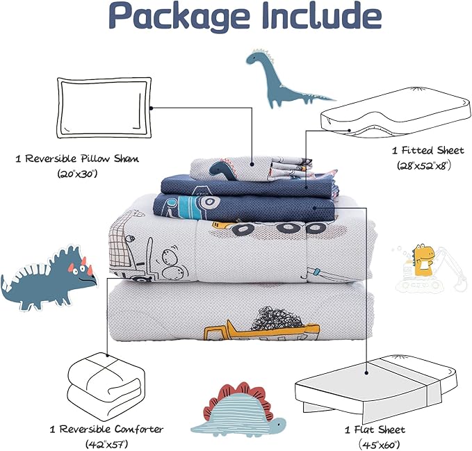 DJY 4 Pieces Cotton Toddler Bedding Set, Dinosaur Cars Reversible Toddler Bed Comforter Set for Kids Boys Girls, Includes Quilted Comforter, Flat Sheet, Fitted Sheet and Pillowcase
