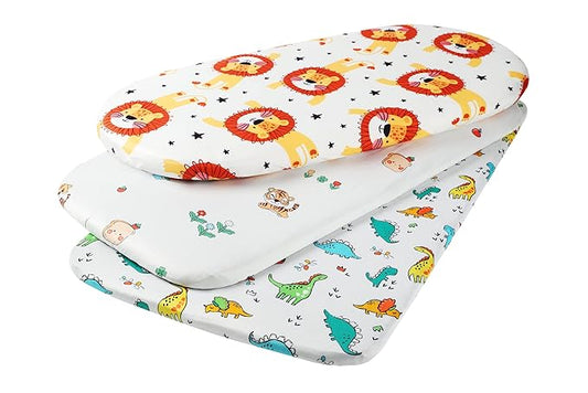 Onacosht Bassinet Sheets Set 3 Pack for Baby Boy, Stretchy Soft Jersey Knitted Fitted Sheet Universal for Oval Rectangle and Hourglass Bassinet Mattress, Dinosaur, Tiger and Lion Printing