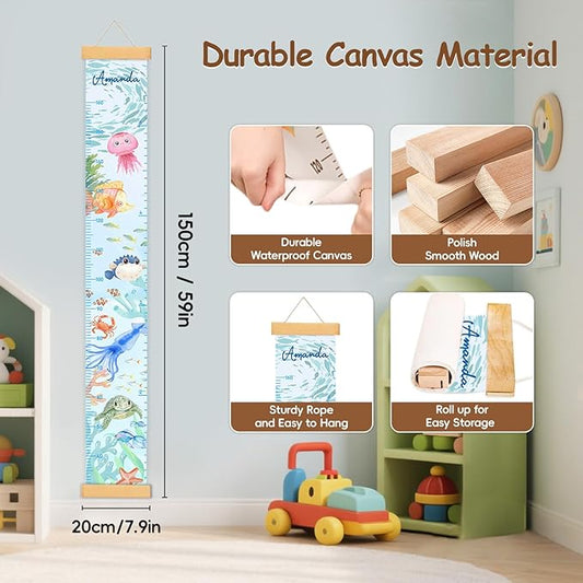 Personalized Name Height Chart for Kids, Canvas Ocean Growth Chart for Wall Removable, Growth Chart for Boys Girls, Nursery and Playroom Wall Decor, Customized Gifts for Kids