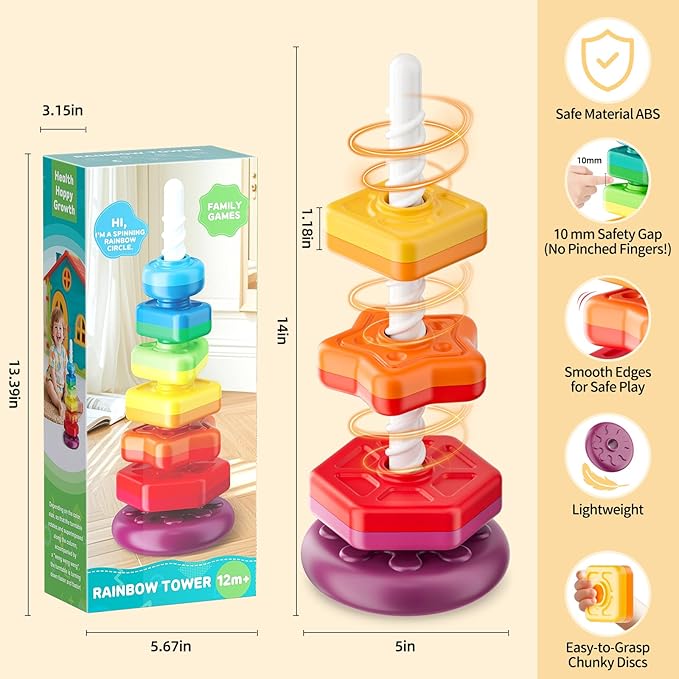 Baby Spinning Stacking Toys for Toddlers 1-3, Sensory Montessori Toy for 1 Year Old Girl Boy, Rainbow Ring Stacker Tower, Educational Learning Toy, Perfect Christmas Birthday Gifts