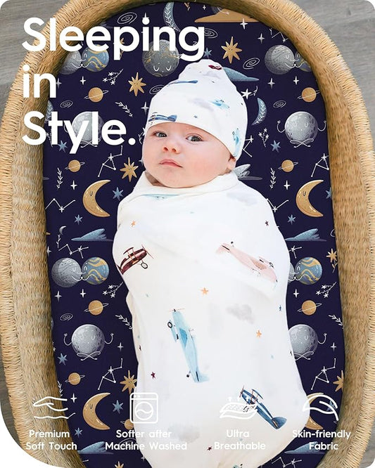 Bassinet Sheets for Baby Boy Girl, TotBasic Buttery Soft Universal Bassinet Fitted Sheet, Compatible with Halo, Mika Micky, Baby Delight, Dream On Me, Maxi COSI and More Bassinet Mattress(Space)