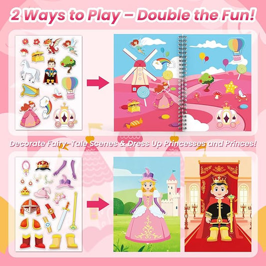 Princess Reusable Sticker Book for Toddlers, DIY Princess Accessories Fun Jelly Stickers, Washable Puffy Stickers for Kids Toys, Airplane Road Trip Travel Activities Essentials for Kids 3 4 5 Years
