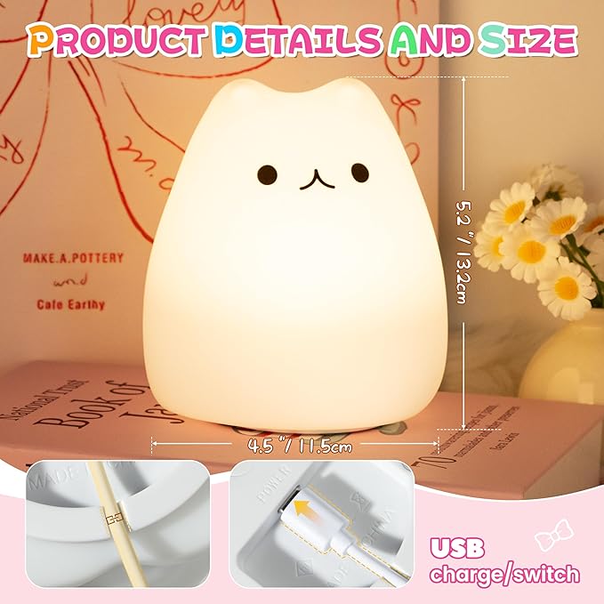 loatme Night Light for Kids, Rechargeable Dimmable Silicone LED Nightlight with 7 Colors, Baby Nursery Night Lamp, Touch Squishy Lamp, Cute Gifts for Girls, Boys, Toddler Room Decor, Cat