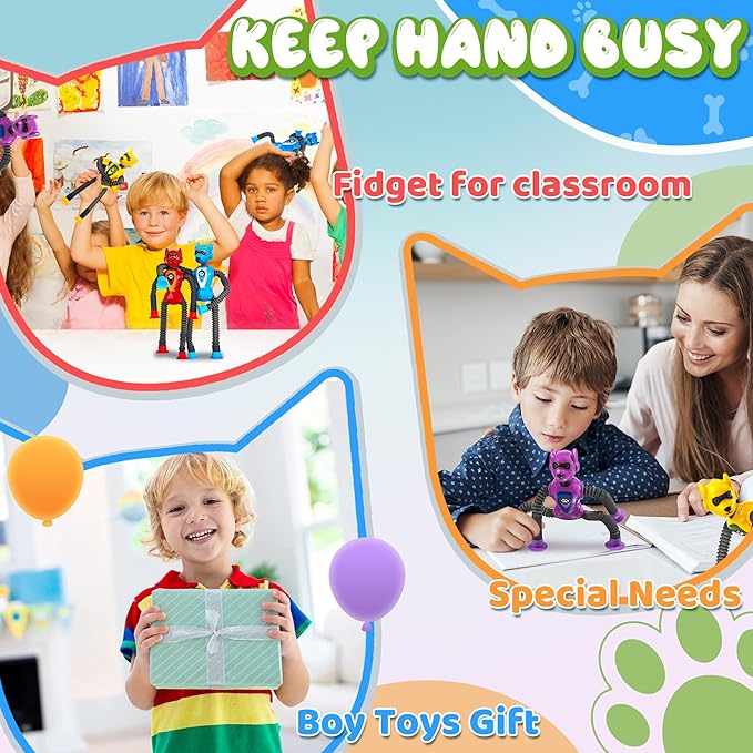 Valentines Day Gift for Boys Robot Dog Sensory Pop Tube for Toddler Kid 4PC Travel Toys Airplane Car Toy Activities Autistic Road Trip Suction Tube for Boys 3 - 8 ADHD Autism