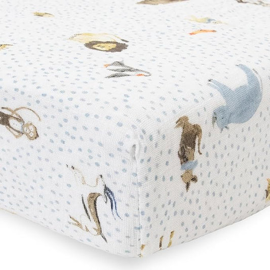 Little Unicorn Premium Crib Sheet | Breathable & Super-Soft Muslin Fabric (Party Animals)