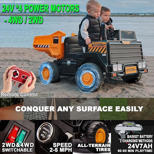 Kidsera 24V Ride On Dump Truck, 24inch-2 Seater Ride On Car for Kids w/Remote Control 4WD/2WD Up to 5 Mph, 24v Ride on Toys for Big Kids w/Electric Dump Bed Extra Shovel Traffic Cones (Yellow)
