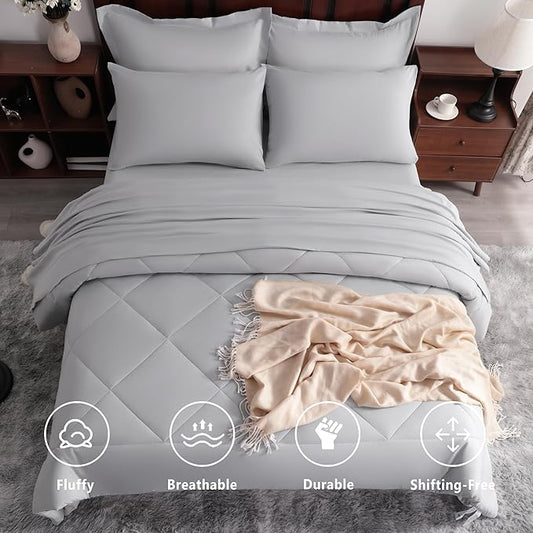 NTBAY Queen Comforter Set with Sheets, 7 Pieces Soft and Breathable Queen Bedding Set, Bed in a Bag, Down Alternative Comforter Set Solid Color All Season, Queen Bedding Set, Light Grey