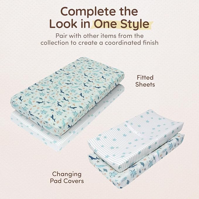 Ocean Crib Sheets for Boys & Girls Toddler Bed Sheets Cotton Fitted Crib Sheet Nautical Sets 28"x52", 8" Deep Pocket, Baby Mattress Sheet 2Pack 100% Cotton, Designed in France, Ocean Stars, Teal White