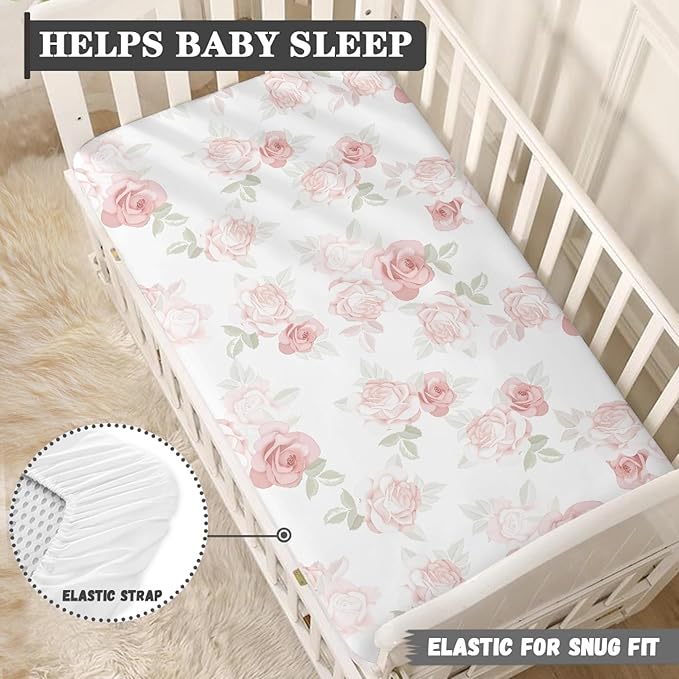 Pink Roses Fitted Crib Sheet for Boys Girls Beautiful Flower Leaves Baby Sheet for Standard Crib and Toddler Beauty Floral Nursery Bed Mattress Sheets 28"x52"