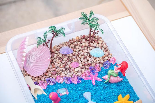 Mermaid Sensory Bin Kit for Kids – Blue Rice, Pinto Beans, Mermaids, Gems, Shells & Treasure Chest – Ocean-Themed Sensory Play with Storage Bin