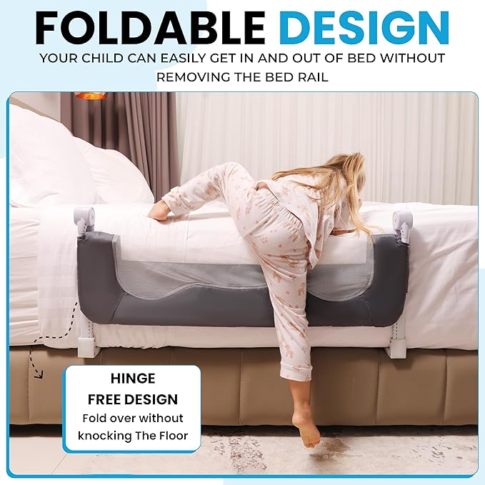 TotCraft MiniFlex Adjustable Length & Height Bed Rail for Toddlers – Fits Twin, Full & Queen Beds – 35.5″ or 47″ Two Fixed Lengths – 14 Height Levels – ASTM Certified Toddler Bed Rail for Kids (Grey)