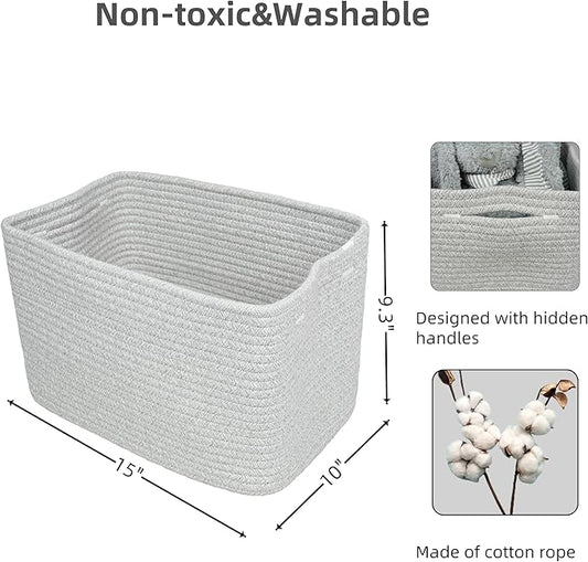 Cotton Rope storage Basket Bins Woven Basket for Organizing Shelves 15X10X9.3“ Rectangle Decorative Baskets For storage Clothes Toys Books Towels Square Wicker Nursery basket organizer 3 pack grey