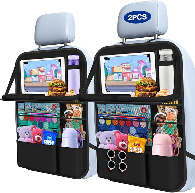 Oneyus Car Backseat Organizer with Table Tray(2-Pack) 9 Storage Pockets Backseat Car Organizer and storage with Tablet Holder, Kick Mats Back Seat Cover for Kids family Road Trip Essentials Travel