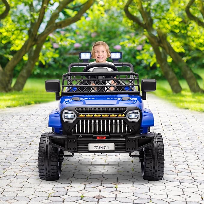 12V Ride On Car for Kids Electric Vehicle Toddlers Battery Powered Truck Car Toy with Remote Control, 4-Wheel Suspension, Battery Display, LED Lights, Music, for Boys Girls, Dark Blue