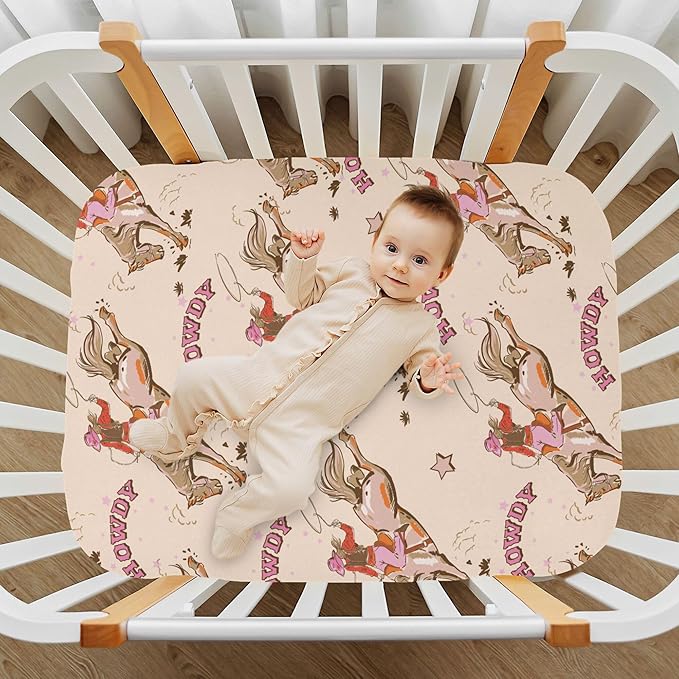 Cowgirl Western Vintage Crib Sheets Soft Breathable Fitted Baby Crib Sheets Mattress Cover for Girl Boys, 52" x 28" x 9"