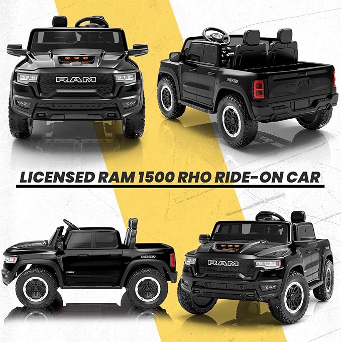 Licensed RAM 1500 RHO 2 Seater Electric Car, 24V Ride on Car for Big Kids with Remote Control, Toddler Ride on Toy w/4 Wheels Suspension, LED Lights, Bluetooth, Soft Start Function (Black)