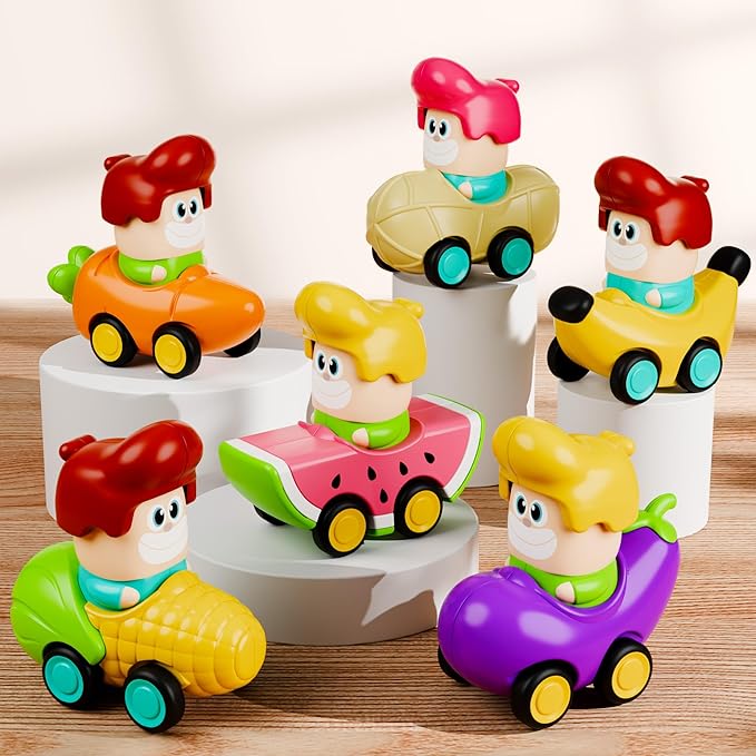 iPlay, iLearn 6PCS Press to Go Car Toys for Toddlers 1-3, Baby Push Go Racing Cars, Infant Fruit Vegetable Vehicle Set for 18 24 Month, Baby Birthday Stocking Gifts for 1-2 Years Old Boys Girls Kids