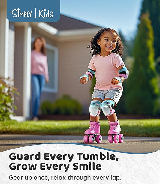 Simply Kids Knee and Elbow Pads with Wrist Guards, HardSoft Pad Tech. - CPSIA Certified Protective Gear Set - Inline Roller Skate Skateboard Bike Knee Pads for Kids Child Girls Boys Toddler Youth