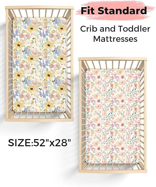 Crib Sheets for Boys and Girls, 2 Pack Fitted Baby Sheets for Standard Toddler Mattress 28" x 52", Soft Breathable Jersey Knit Baby Bedding (Golden Meadow)