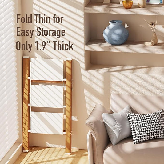 Mayi Plus 3 Step Lightweight Aluminum Folding Ladder, Portable Step Stool with Wide Anti-Slip Pedals, 330 lbs Capacity for Home,Cleaning Tasks(White&Woodgrain)