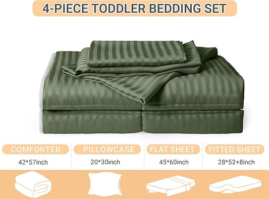 ZPECC Toddler Bedding Set - 4 Piece Hypoallergenic Baby Crib Bedding Set for Boys and Girls, Includes Toddler Comforter, Flat Sheet, Fitted Sheet and Pillowcase, Olive Green