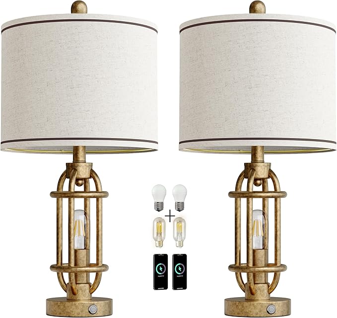 G-SAFAVA 23.75'' Table Lamps Set of 2 for Living Room Bedroom Industrial Farmhouse Metal Touch Lamps with USB A+C Ports, Night Light Vintage Nightstand Bedside Lamp, Bulbs Included, Champagne Gold
