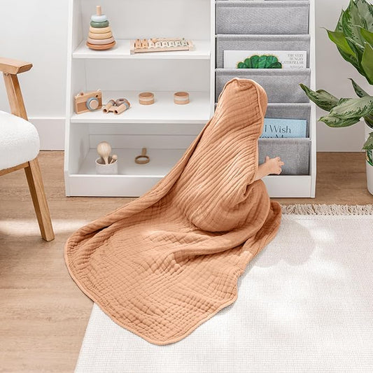 Comfy Cubs Hooded Baby Towel 2-Pack, Large 32 x 32 Inch - 6 Layer 100% Muslin Cotton for Babies, Toddlers and Kids - Soft & Absorbent Baby Bath Towels - Unisex Design for Bath Time - Caramel